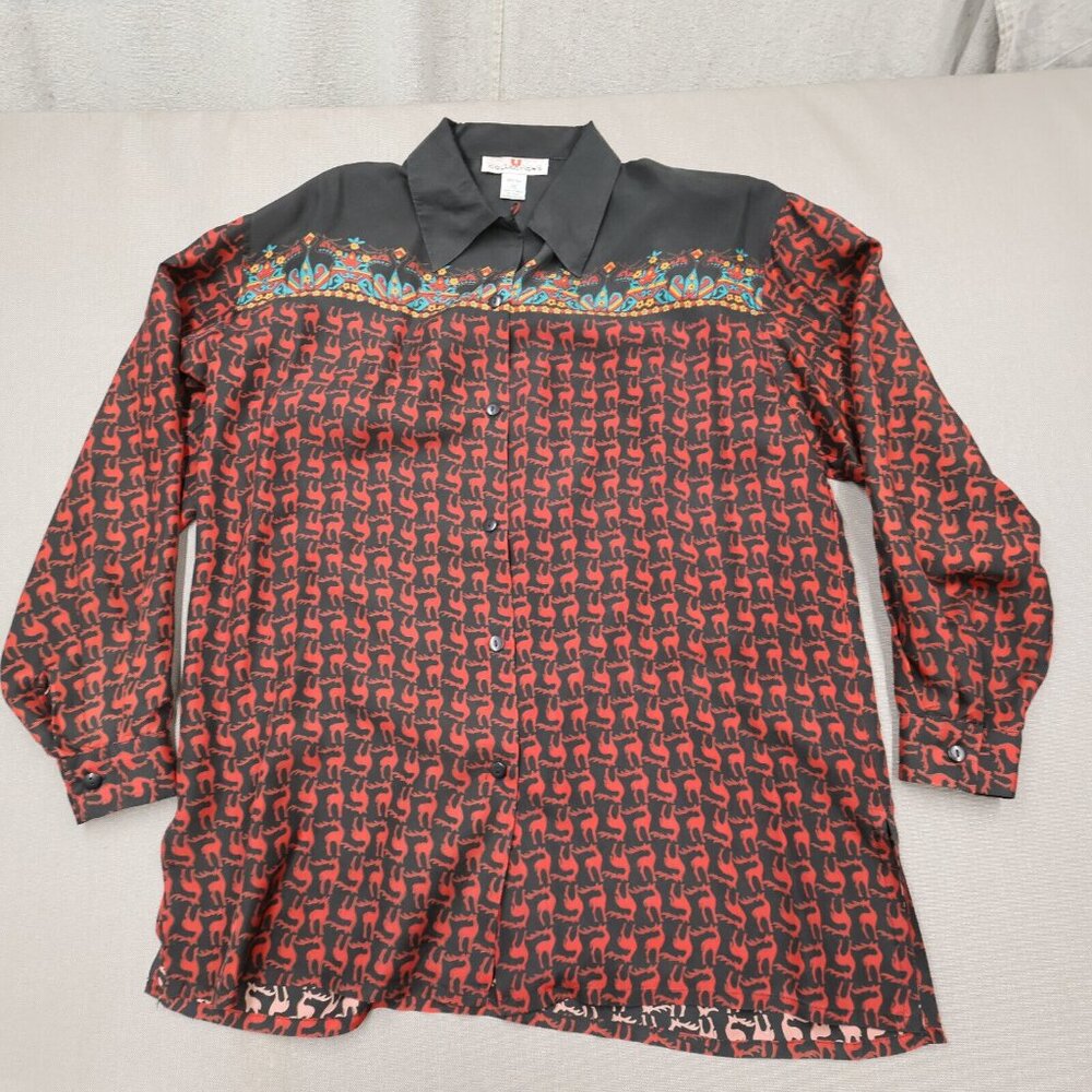 90s Stunt Collections 100% Silk Western Shirt Womens Medium Stag Deer Pattern